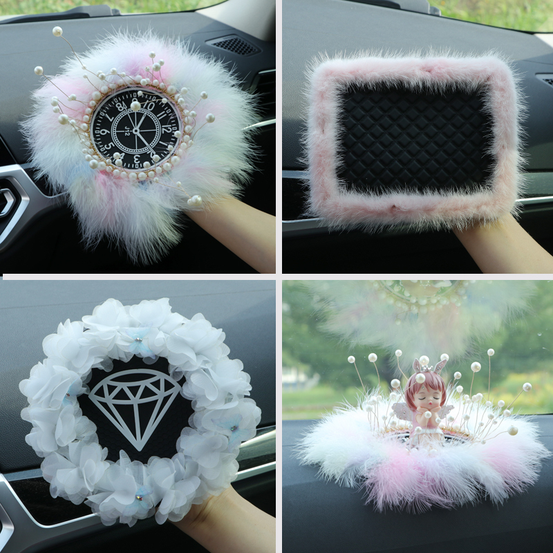 Cute Furry Pearl Crown Car Dashboard Ornament Anti-Slip Mat Car Accessories Trendy ins Perfume Seat Cushion for Women