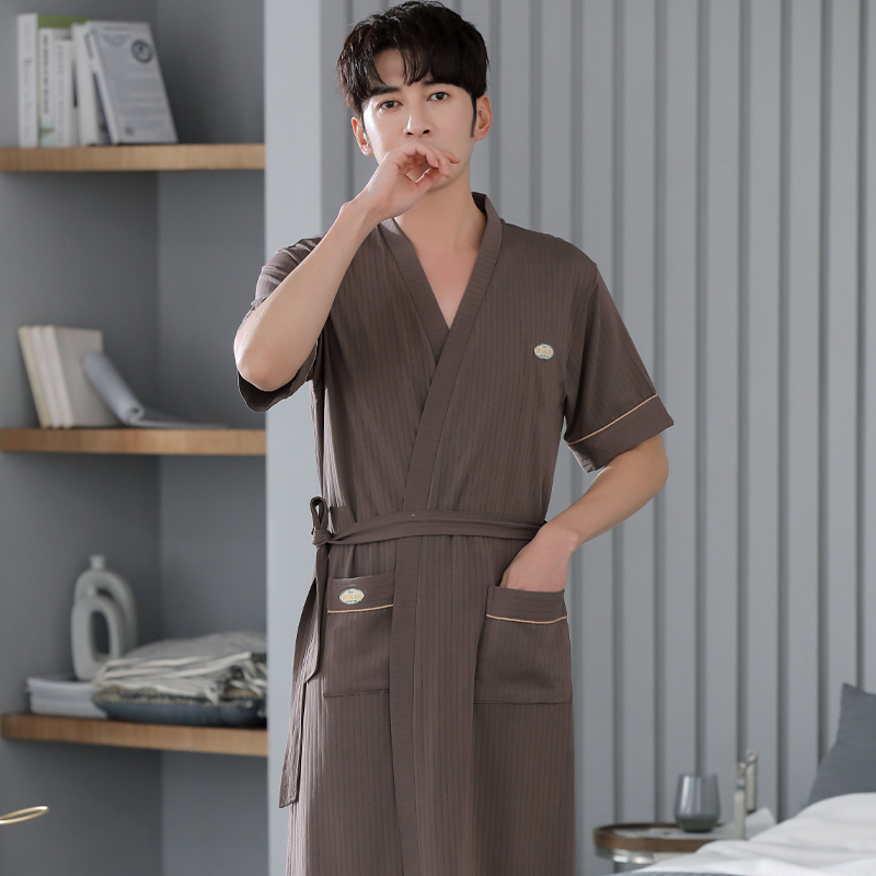 Summer Modal Nightgown Men's Adult Ice Silk Bathrobe Big Brand Style Short Sleeve Bathrobe One-Piece Pajamas Shirt