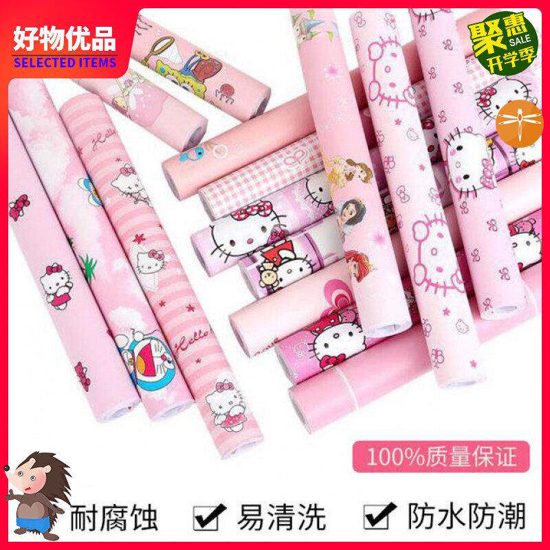 W# self-adhesive wallpaper cartoon pink kittyHello wall stickers girl bedroom children's room with glue wall