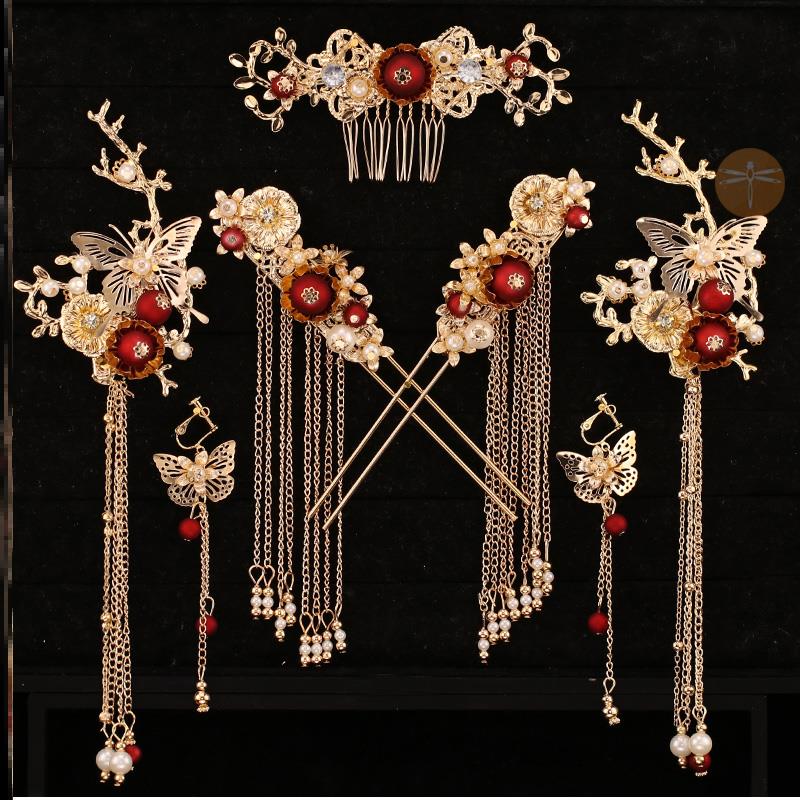 Xiuhe clothing headdress bride atmosphere retro queen wedding phoenix crown toast clothing simple atmosphere high-end tassel hair accessories