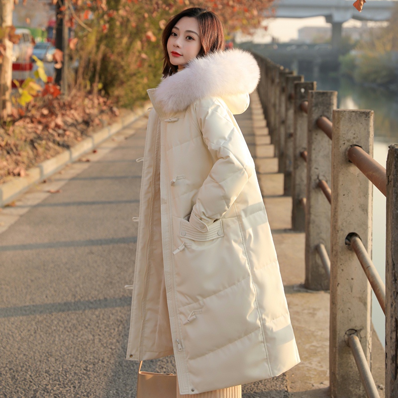 2026 Straight-Cut White Duck down Toggle Button Korean Style down Jacket for Women, Mid-Length with Large Fur Collar, Thickened Winter Fashion Coat