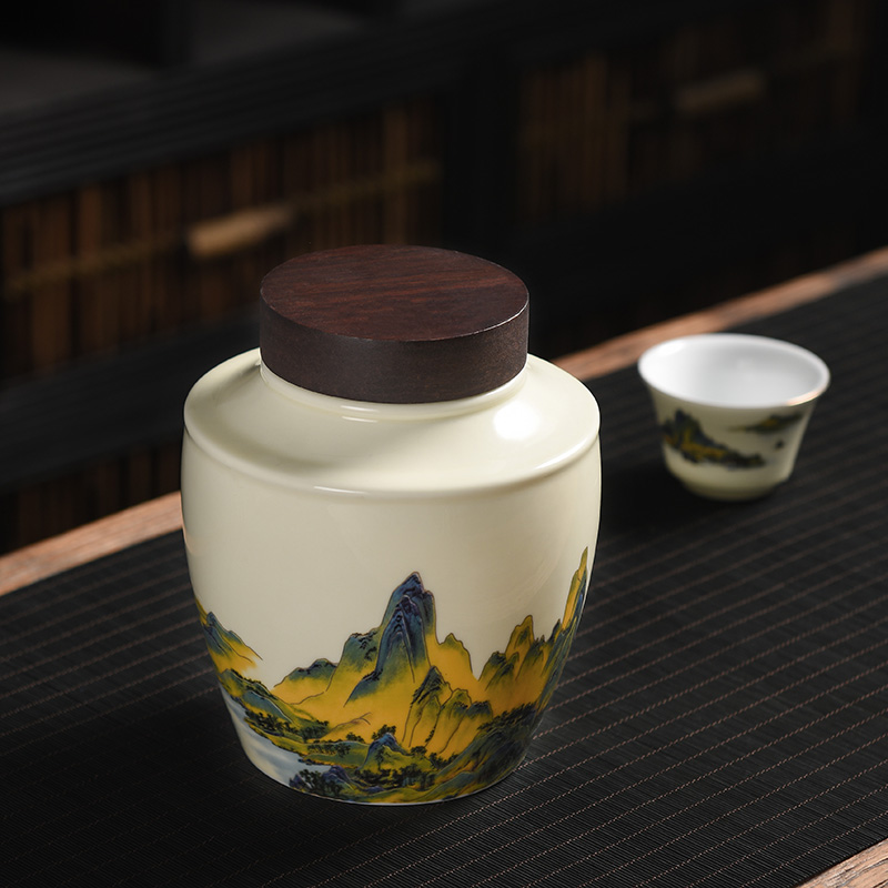 Chinese ceramic tea leaf jars wood cover Forbidden City thousands of miles from the Palace Museum of Tea Green Tea Large Seal Storage Tank of tea Set Storage Tanks