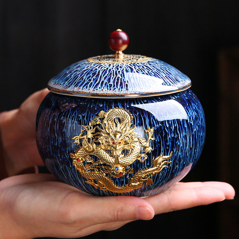 Tianmu glazed tea pot inlaid silver ceramic pot Jingdezhen storage tea pot small creative tea pot sealed pot
