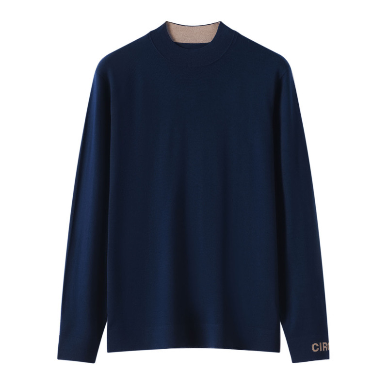 Light Luxury Style Half-Turtleneck Fine-Spun 100% Wool Sweater for Men, Business Casual Thin Knitwear, Soft Color-Blocked Knit Sweater