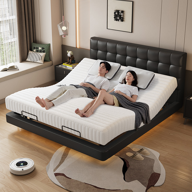 Waffle-Patterned Smart Electric Bed, Non-Disturbing Double Bed, Massage, Fully Automatic, Adjustable Height, Sleep-Inducing, Solid Wood, Genuine Leather Bed