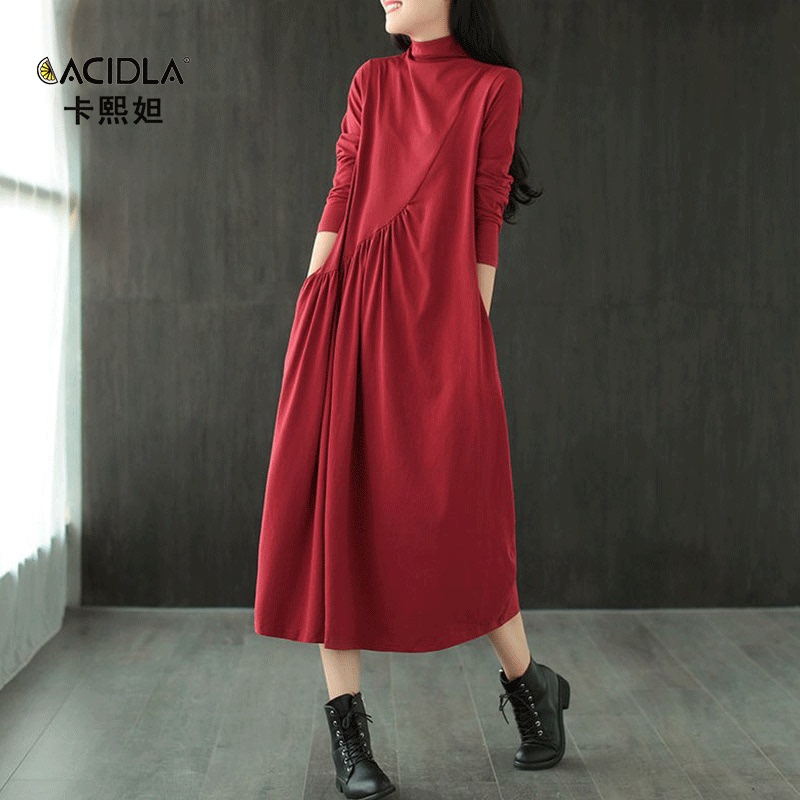 Knitted Pure Cotton Dress for Women, Mid-Length, 2022 New Spring and Autumn Base Dress, Loose, Slimming, Long-Sleeved, Flared Skirt
