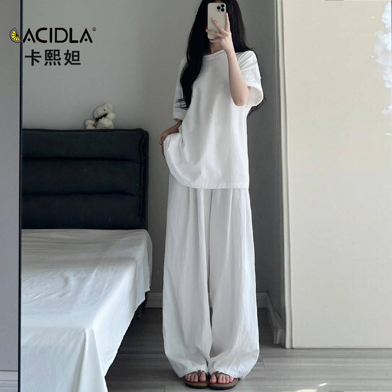 Summer White Pure Cotton T-Shirt and Wide-Leg Pants Set for Women, Summer Simple Casual Loose Two-Piece Fashion Set