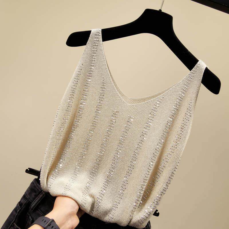 Sexy loose V collar harness vest Heavy workout bronzed Sleeveless Ice Silk Knit Bright Silk Blouse Female Outwear