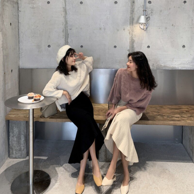 Knitted half-body skirt woman high waist display slim foreign pie retro autumn and winter fish tail nepotism nepotism nepotism nepotism