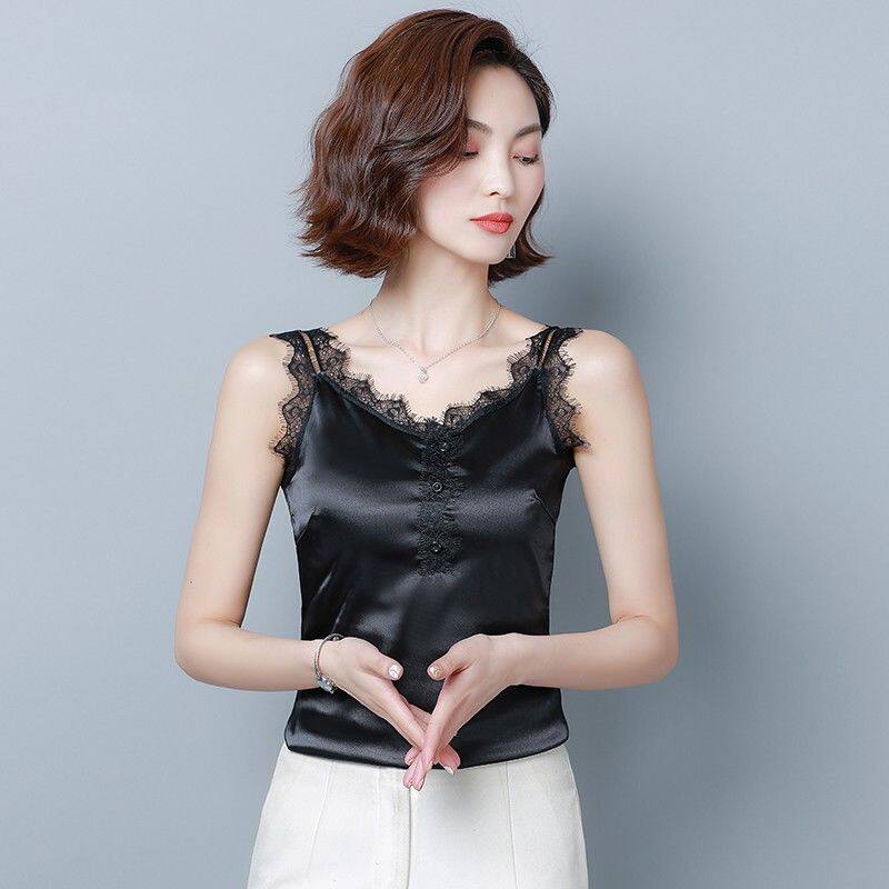 Summer new silk sling vest women inside and outside wear thin fashion lace bottoming mulberry silk top