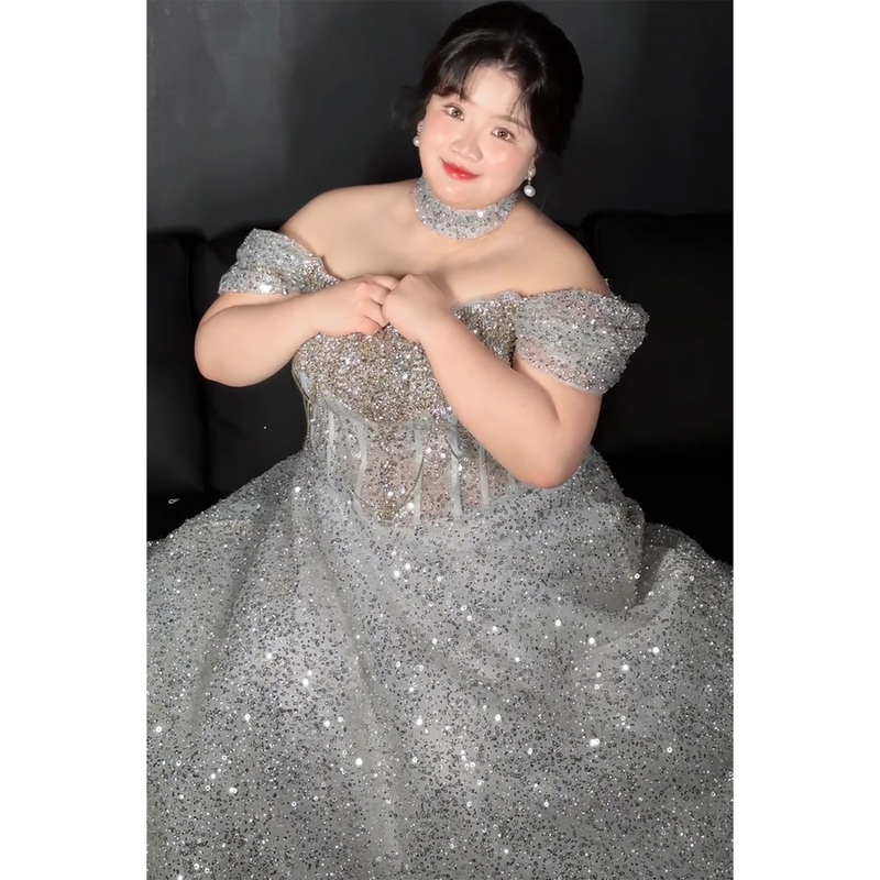 High-End Evening Dress for Plus-Size Women, Princess Dress for Birthday Parties, Off-Shoulder Wedding Toast Dress, Bride's Plus-Size Dress 100kg