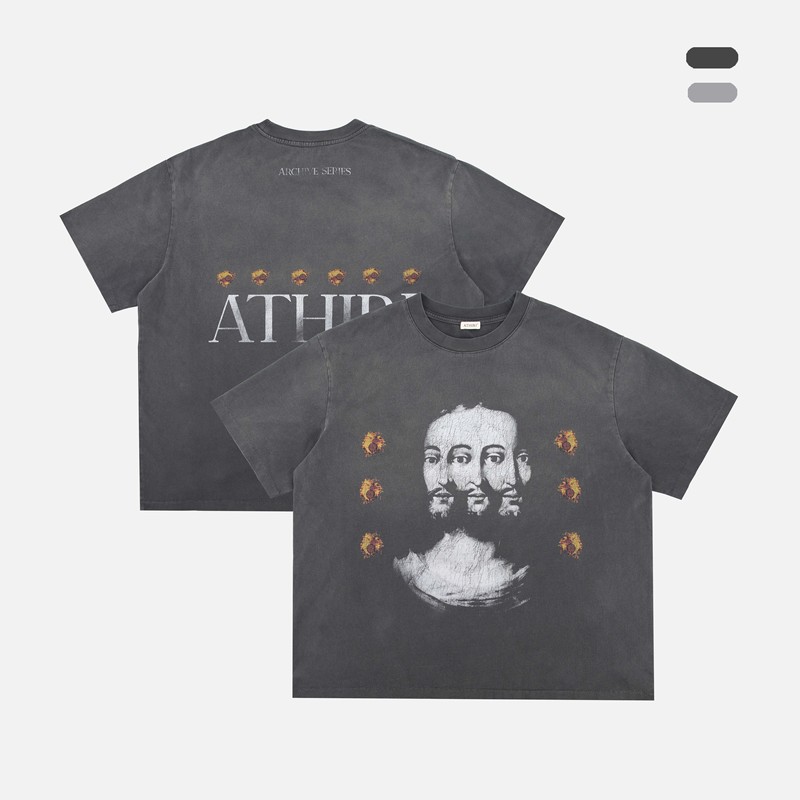 Athiri Three-Sided Portrait Print Garment-Dyed Single-Stitch Distressed Vintage Short-Sleeve T-Shirt Unisex