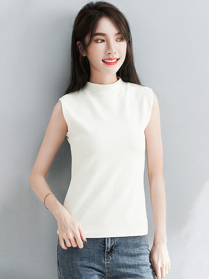 白色小半高领背心女内搭秋冬新款加厚保暖修身洋气无袖t恤打底衫