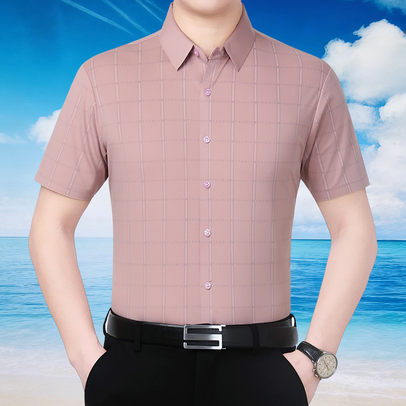2026 New Style Plaid Shirt Men's Short-Sleeved Business Casual Erdos City Fashion Short-Sleeved Shirt Red Shirt