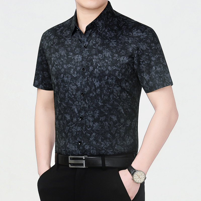 26E Erdo's Summer High-End Silk Short-Sleeve Shirt for Middle-Aged and Elderly Men, Printed Thin Summer Shirt