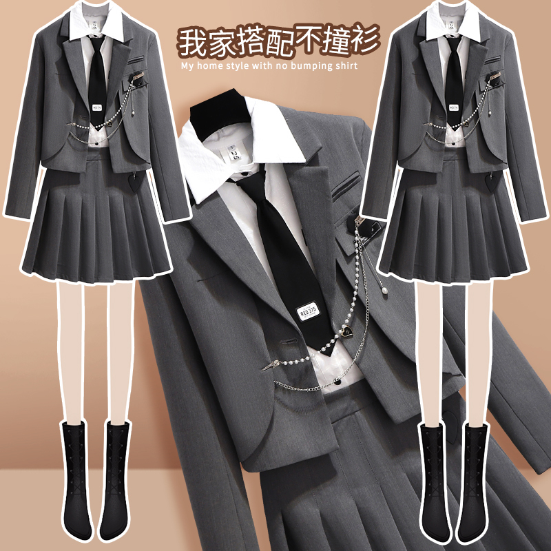Jk Uniform School Style Suit Three-Piece Set for Women Spring Outfit Complete Set Petite Pleated Skirt Two-Piece Set