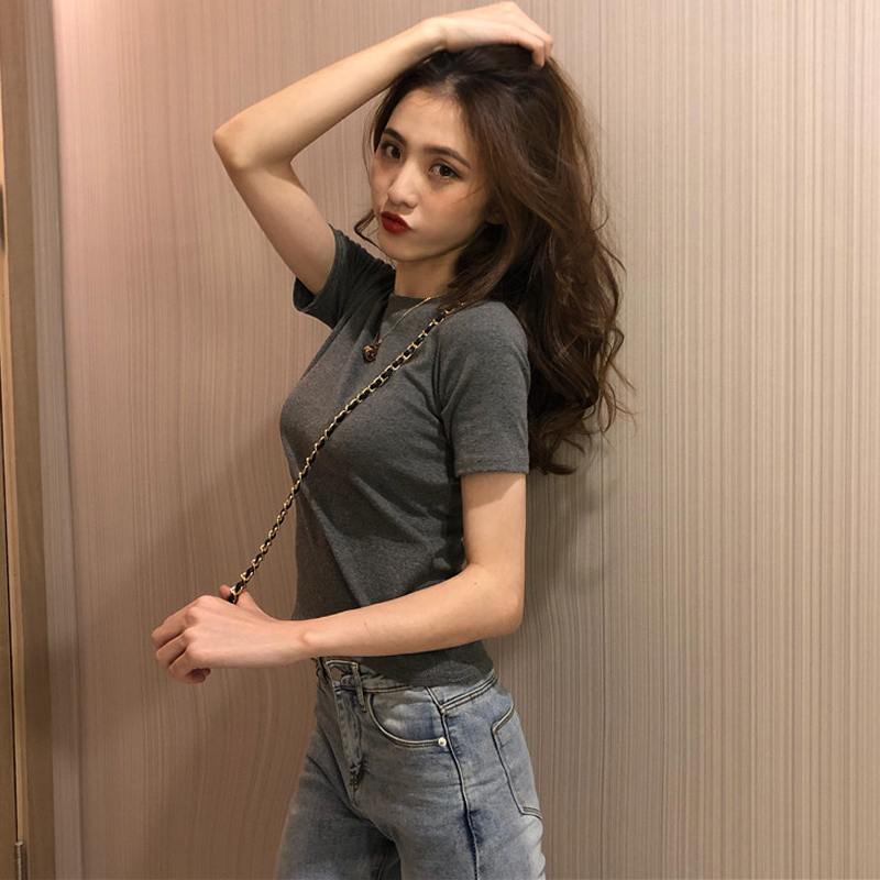Grinding Hair Short Sleeve T-shirt Female Summer 2020 New pint of body base Pure Color Inner Lap of the Lap Collar Chic Blouse