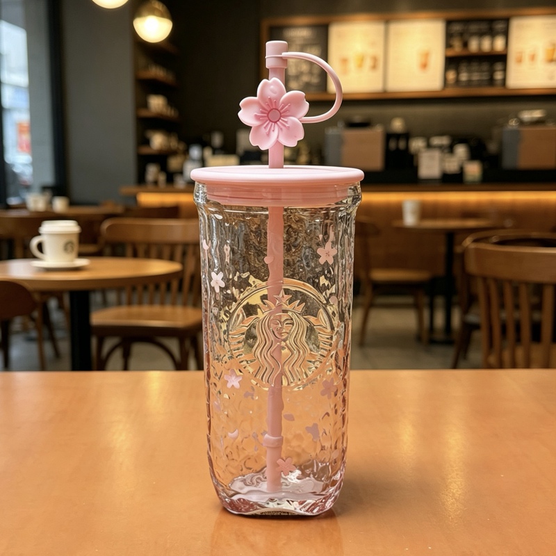 Starbucks Spring Cherry Pink Triangle Ice Pattern Glass Straw Cup Girls' Gift Cold Drink Cup with Straw Stopper 500ml Starbucks Spring Cherry Pink Triangle Ice Pattern Glass Straw Cup Girls' Gift Cold Drink Cup with Straw Stopper 500ml