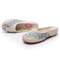 Printemps Eté Old Beijing Cloth Shoes Linen Hanfu Sandales Sandales National Wind Embroidered Cloth Slippers Inside Heightening Baotou Ladies Sandals