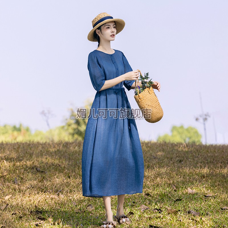 Spring and Summer High-End Haze Blue Solid Color Ramie Women's Dress, Mid-Length, Flattering and Elegant Long Dress