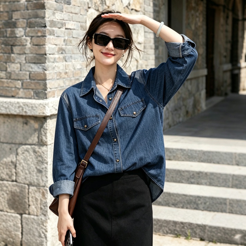 Autumn Plus-Size Slimming Retro Blue Long-Sleeve Denim Shirt for Slightly Plump Women, Loose and Versatile, Layered Casual Jacket, Trendy Autumn Plus-Size Slimming Retro Blue Long-Sleeve Denim Shirt for Slightly Plump Women, Loose and Versatile, Layered Casual Jacket, Trendy