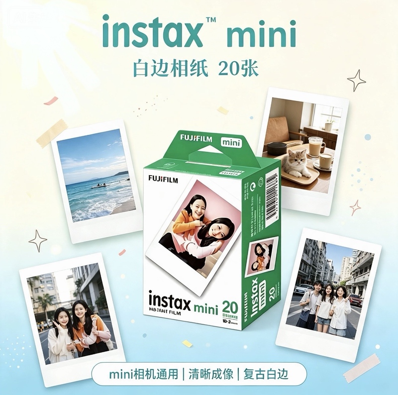 Instax Mini White-Edged Photo Paper 20 Sheets Instant Photo Retro White-Edged Camera Film