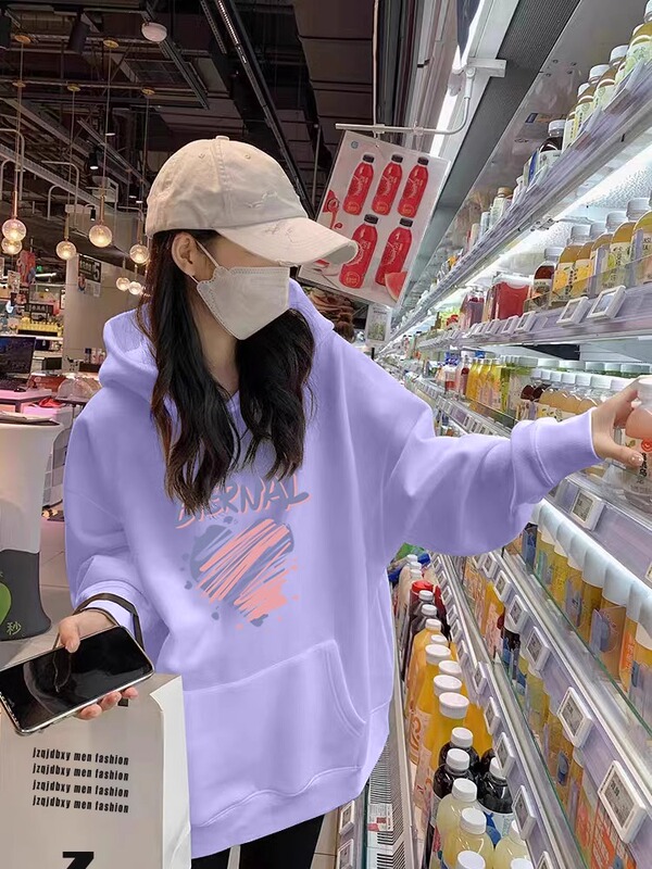 Hooded Pure Cotton Sweatshirt for Women, New Autumn and Winter Style, Purple, Lazy Style, Loose Casual Jacket, Fleece-Lined, Thickened, with Pockets