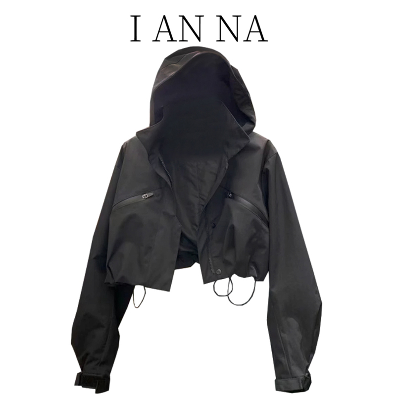 Hooded Workwear Jacket Short Coat Women's Autumn and Winter Jacket Windbreaker Black Thin Functional Style Long-Sleeved Sun Protection Top