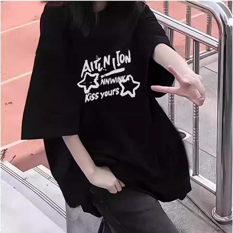 American-Style Black Pure Cotton Round-Neck Short-Sleeved T-Shirt for Women, New Popular Summer Style, Loose Half-Sleeved Top for Junior High and High School Students