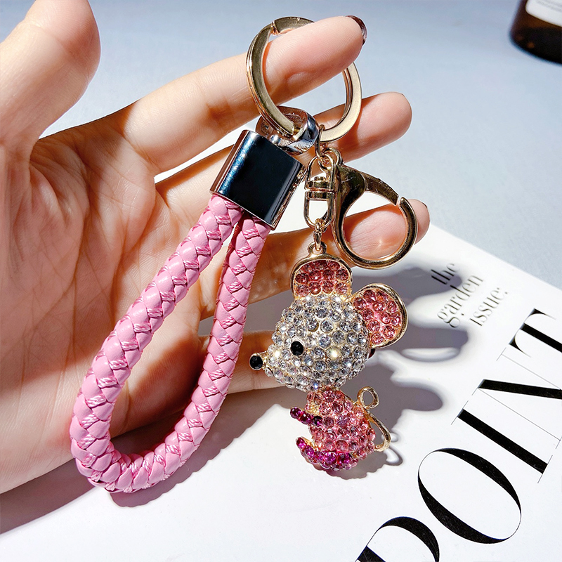 Creative Metal Inlaid Drill Rat Key Button Couple Ornaments Pendants Men Women's Car Key Chain Link Waist Hanging Accessories-Taobao
