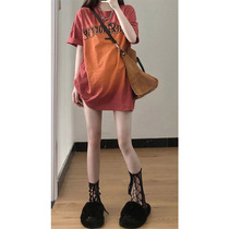 Gradient colour letter printed short sleeve T-shirt female American retro small crowdsourced to fashion minus-age loose round collar blouse