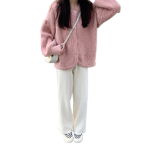 Korean fashion brand pink lantern sleeve cardigan top autumn and winter fashionable and gentle style to wear high-end sweater trend
