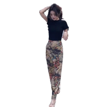 Retro Floral High Waist A-Line Skirt Womens New Summer Thin Style Slim Back Slit Casual Hip-covering Long Skirt