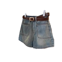 Retro denim shorts for women summer thin high-waisted straight slim a-line wide-leg pants for small people versatile hot pants