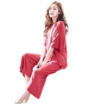Bra-free modal pajamas for women summer thin short-sleeved cropped pants set with chest pad all-in-one home clothes