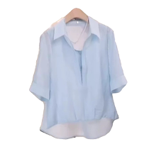 Tencel blue shirt womens summer 2024 new high-end French lapel sunscreen shirt loose mid-sleeve top