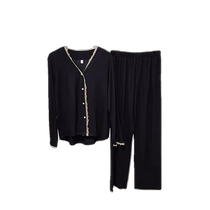 Modal pajamas for women spring and autumn 2024 new black long-sleeved trousers suit lace cardigan home wear can be worn outside