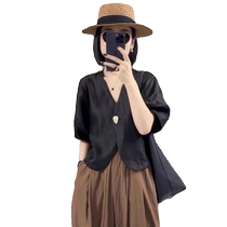 Black v-neck acetate satin short-sleeved shirt jacket for women summer new style high-end temperament versatile short top