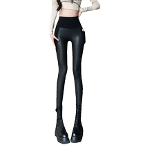 Hot girl tight motorcycle leather pants womens outerwear autumn and winter high-waisted butt-lifting elastic shark pants brushed plus velvet leggings