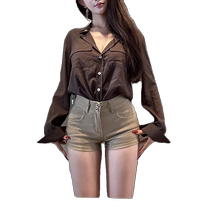 Womens summer new high-waist elastic tight-fitting hip-hugging denim shorts hip-hugging pants khaki hip hot pants