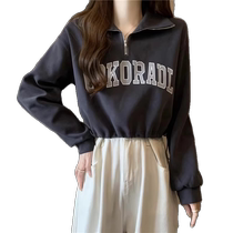 Half-zip lapel short sweatshirt for women autumn new fashion loose drawstring hem polo collar long-sleeved top