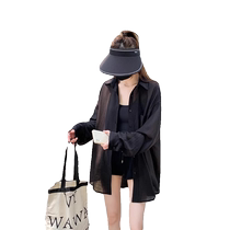 Black Ice Silk Sun Protection Shirt Womens Summer Thin Breathable Suspender Cardigan Shirt Blouse Loose Top