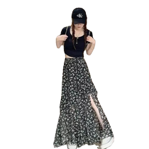 French retro ruffled slit floral skirt for women summer thin irregular slimming mid-length chiffon skirt