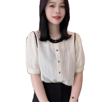French contrasting color round neck short-sleeved chiffon shirt for women 2024 summer new fashion style slimming and beautiful top for age reduction