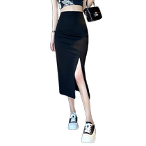 Black high-waisted slit skirt for women summer new style hip-covering slimming butt-covering skirt versatile mid-length one-step skirt