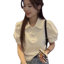 White POLO collar short-sleeved T-shirt for women in summer slim and elegant puff-sleeved T-shirt Chinese-style button-down new Chinese top