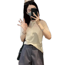 Black slightly see-through polo collar ice silk knitted short-sleeved womens summer thin slim-fitting fashionable age-reducing shirt big-name top