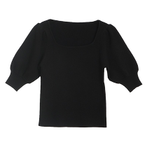Elegant square neck top for women spring and autumn thin style unique design puff sleeves retro style ice silk sweater short sleeves