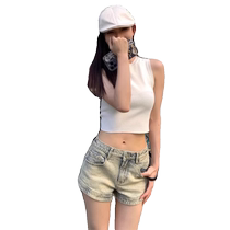 Retro washed distressed denim shorts for women summer 2024 new hot pants high waist elastic slimming versatile hot pants