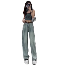 Light blue pleated wide-leg jeans for women summer thin high-waisted pear-shaped body straight loose drapey floor-length pants